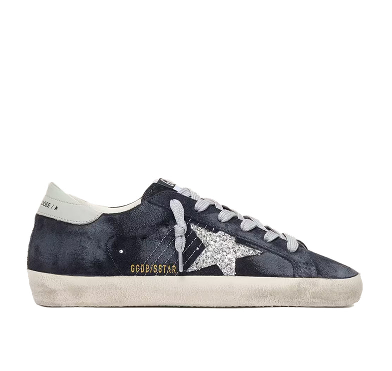 Golden Goose Women's Super-Star Star in Blue Suede with Silver Glitter Star