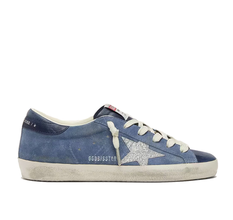 Golden Goose Women's Super-Star Star in Denim Blue Suede with Silver Glitter Star