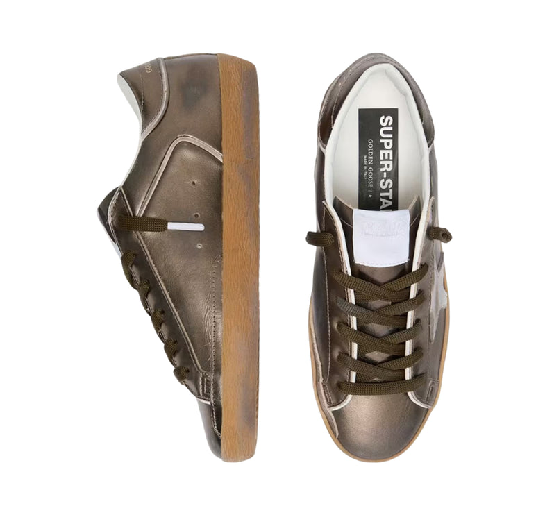 Golden Goose Women's Super-Star Star LTD in Olive-Green Laminated Leather with White Star