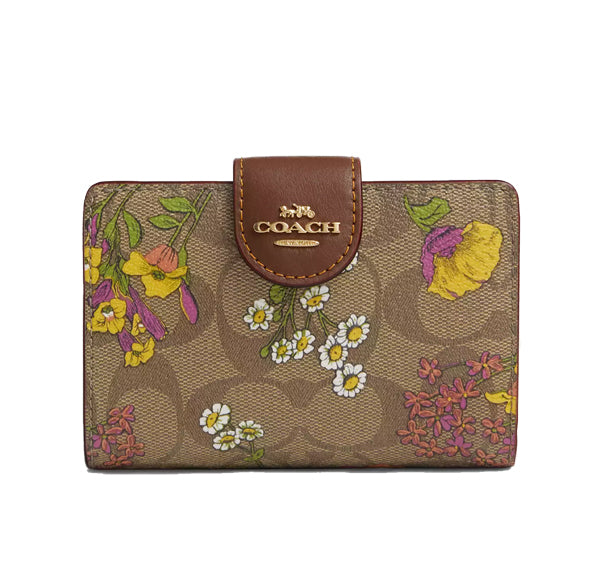Coach Women's Medium Corner Zip Wallet In Signature Canvas With Floral Print Gold/Khaki Multi