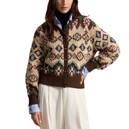 Polo Ralph Lauren Women's Geo-Pattern Wool-Cashmere Cardigan Oatmeal/brown Multi