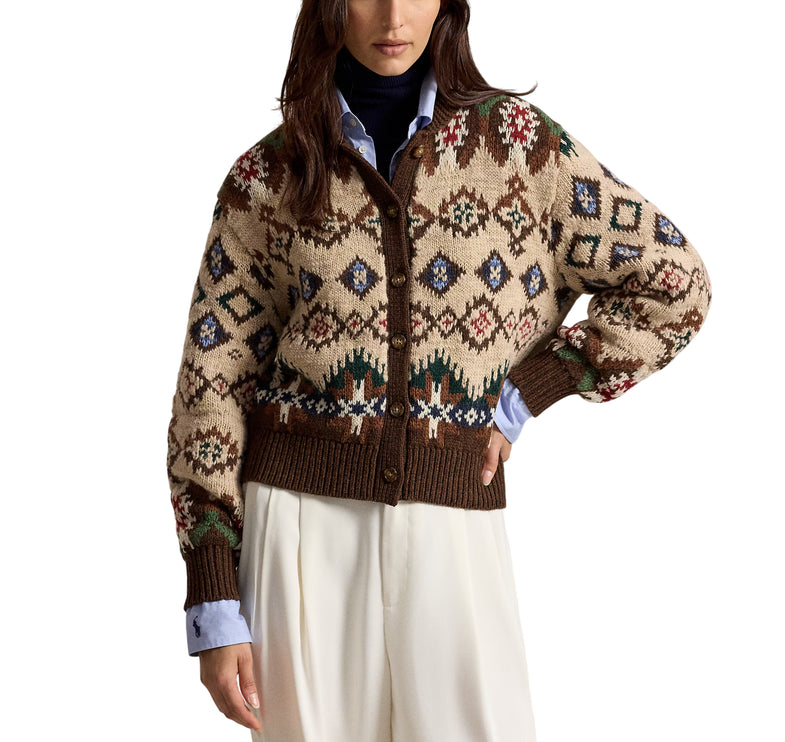 Polo Ralph Lauren Women's Geo-Pattern Wool-Cashmere Cardigan Oatmeal/brown Multi