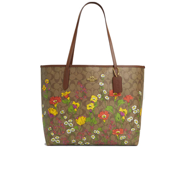 Coach Women's City Tote In Signature Canvas With Floral Print Gold/Khaki Multi