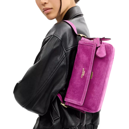 Coach Women's Etta Small Flap Shoulder Bag Suede/Gold/Magenta