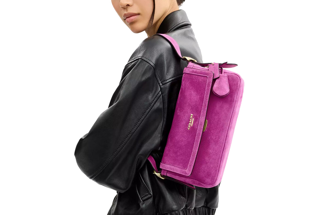 Coach Women's Etta Small Flap Shoulder Bag Suede/Gold/Magenta