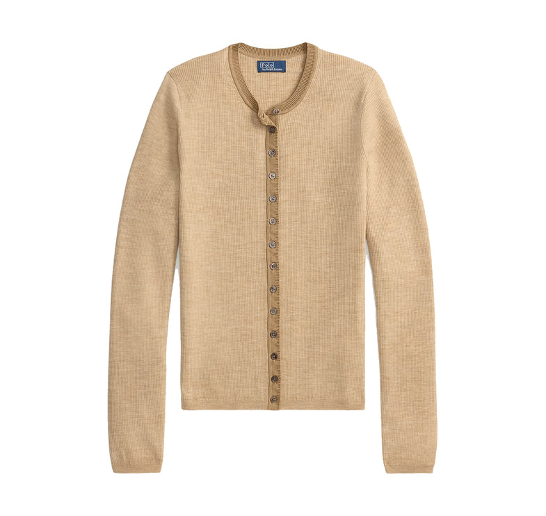 Polo Ralph Lauren Women's Rib-Knit Wool Cardigan Tan Melange