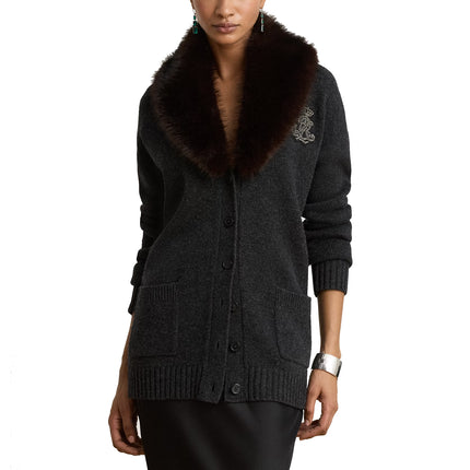 Polo Ralph Lauren Women's Faux-Fur-Trim Wool-Cashmere Cardigan Onyx Heather