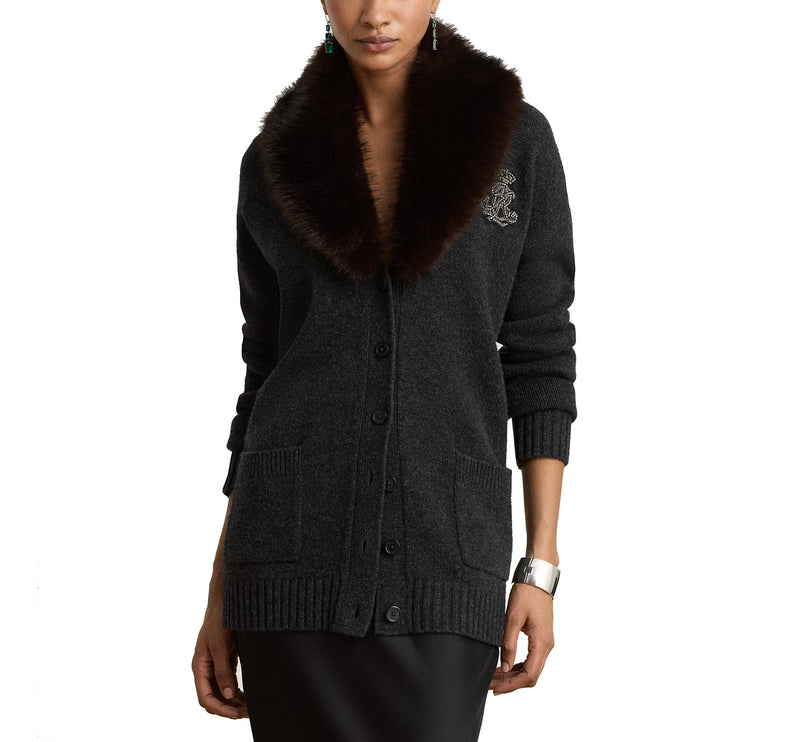 Polo Ralph Lauren Women's Faux-Fur-Trim Wool-Cashmere Cardigan Onyx Heather