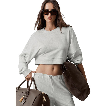 alo Women's Cropped Sway Crew Neck Pullover White Heather