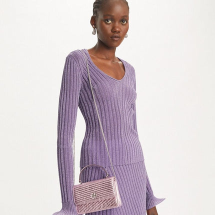 Tory Burch Women's Mini Kira Moto Quilt Metallic Top-Handle Crossbody Sparkle Pink