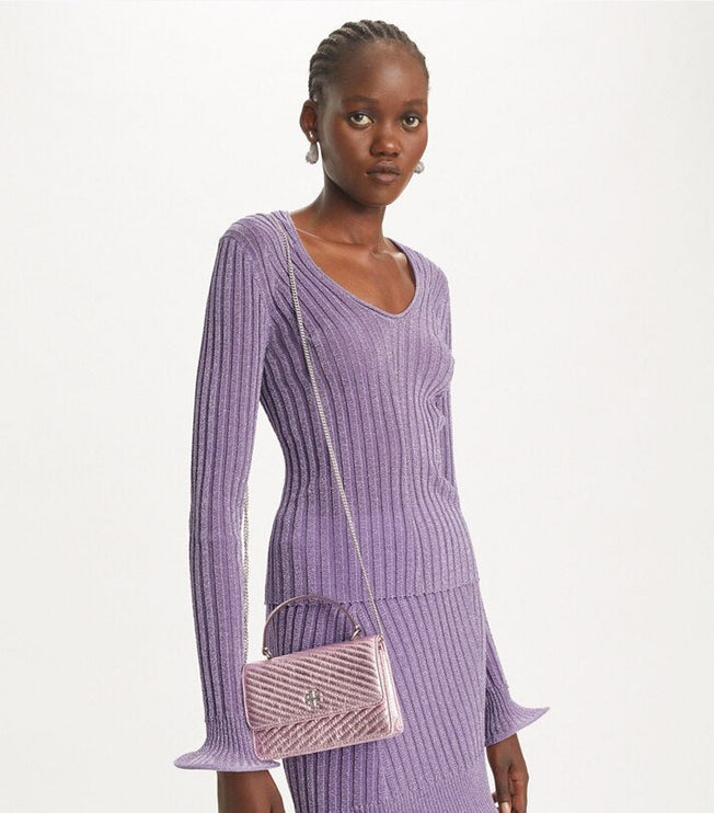 Tory Burch Women's Mini Kira Moto Quilt Metallic Top-Handle Crossbody Sparkle Pink