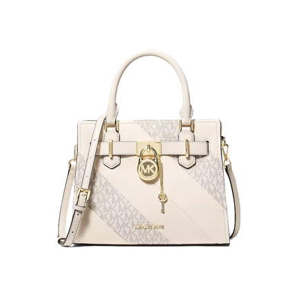 Michael Kors Women's Landon Small Signature Logo Satchel Bag Light Cream Multi/Gold