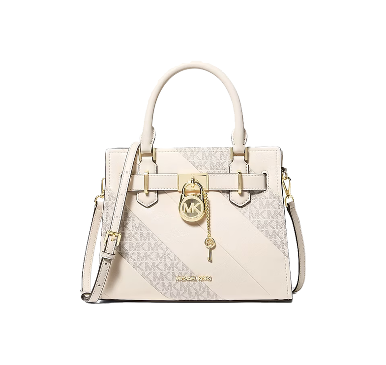 Michael Kors Women's Landon Small Signature Logo Satchel Bag Light Cream Multi/Gold