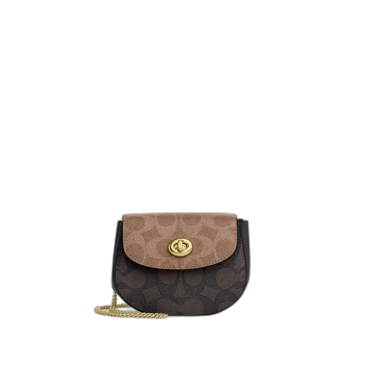 Coach Women's Turnlock Card Case In Blocked Signature Canvas Gold/Walnut/Tan
