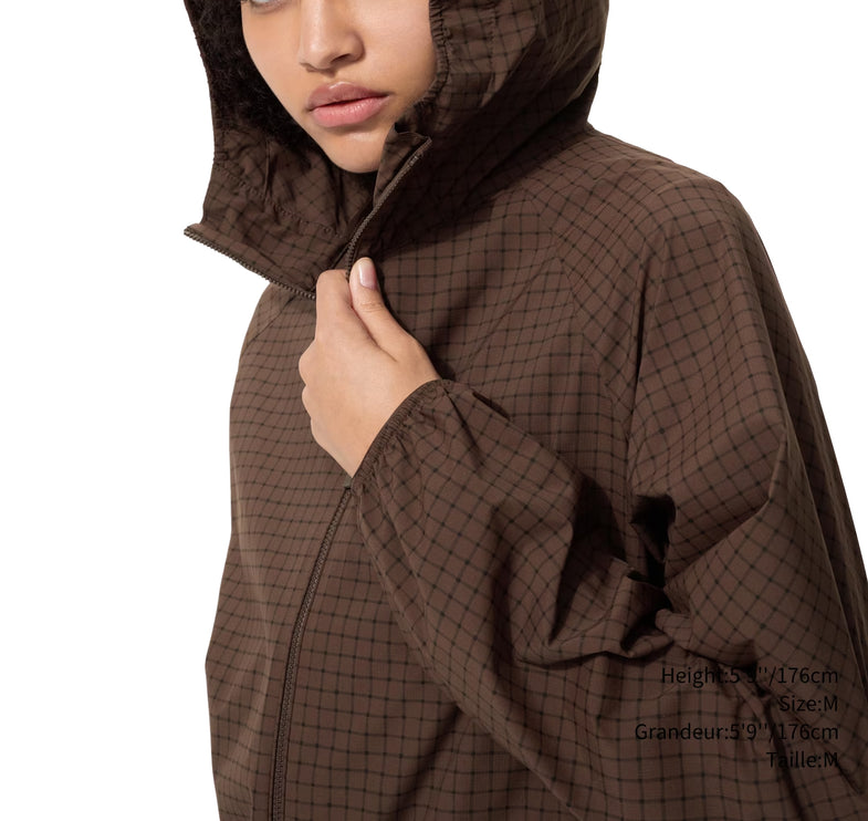 Uniqlo Women's Pocketable UV Protection Parka | Checkered 38 Dark Brown