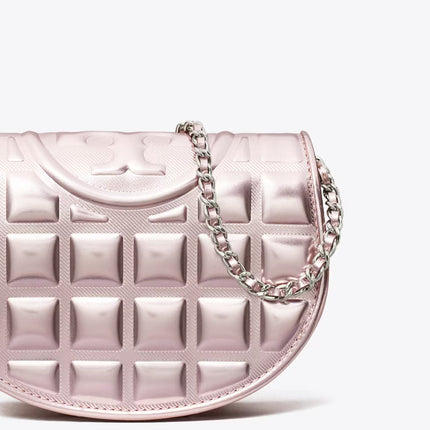 Tory Burch Women's Mini Fleming Metallic Square Quilt Crossbody Sparkle Pink