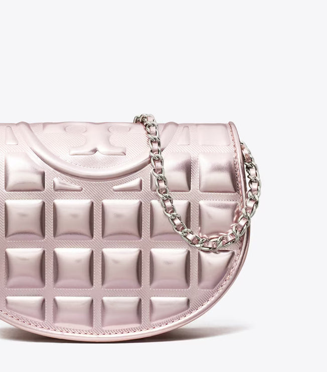 Tory Burch Women's Mini Fleming Metallic Square Quilt Crossbody Sparkle Pink