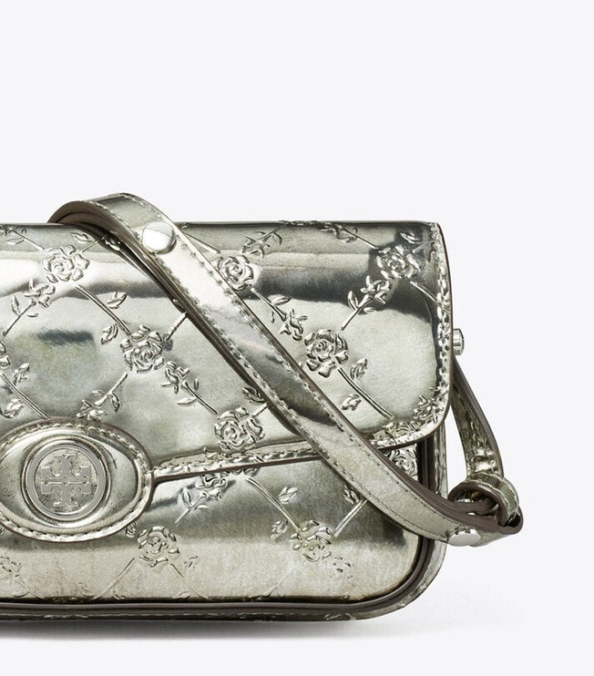 Tory Burch Women's Robinson Floral Metallic Rectangular Shoulder Bag Pewter