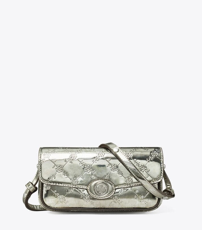 Tory Burch Women's Robinson Floral Metallic Rectangular Shoulder Bag Pewter