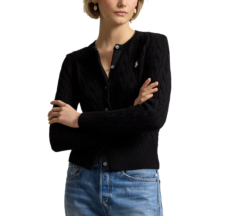 Polo Ralph Lauren Women's Cable-Knit Cotton Crewneck Cardigan Polo Black