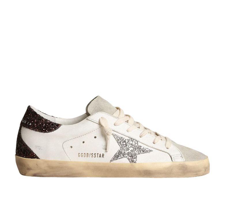 Golden Goose Women's Super Star Sneakers with Silver Star and Brown Glitter