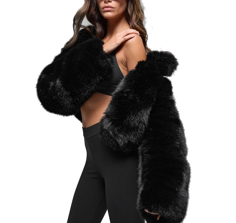 alo Women's Opulent Faux Fur Cropped Jacket Black