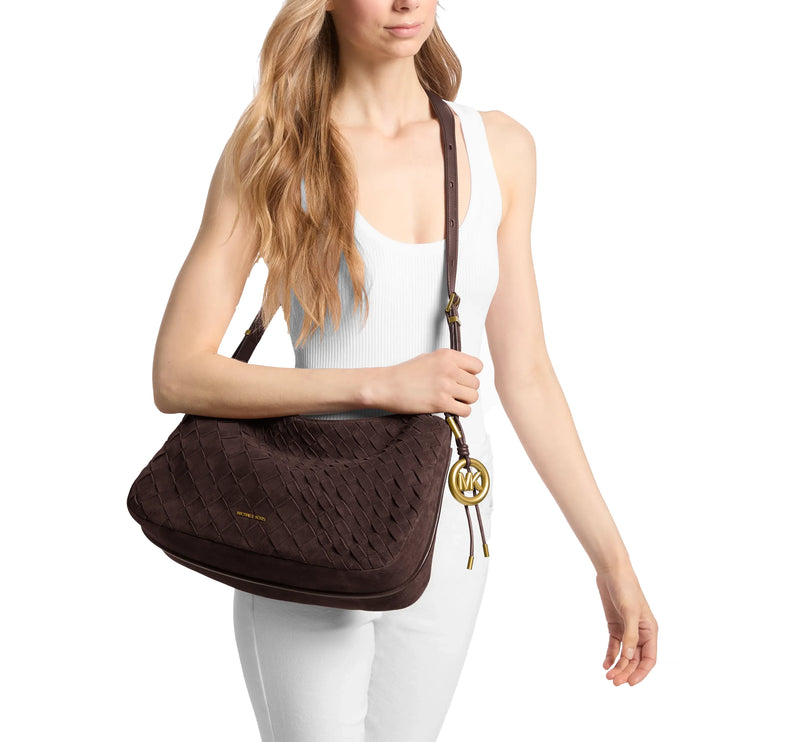 Michael Kors Women's Nolita Medium Hand-Woven Suede Shoulder Bag Chocolate