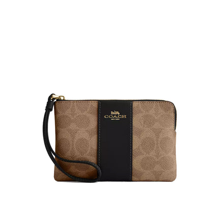 Coach Women's Corner Zip Wristlet In Signature Canvas With Stripe Gold/Tan/Black