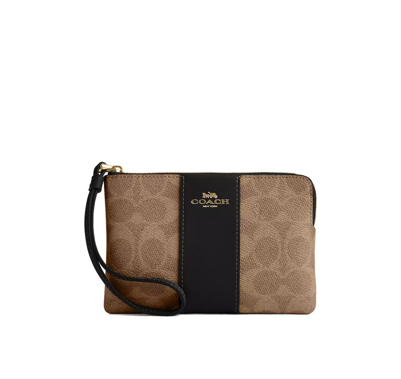 Coach Women's Corner Zip Wristlet In Signature Canvas With Stripe Gold/Tan/Black