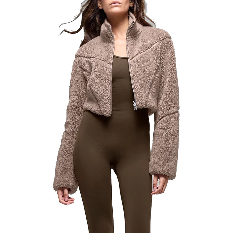 alo Women's Sherpa Cropped Slope Side Jacket Chai Latte