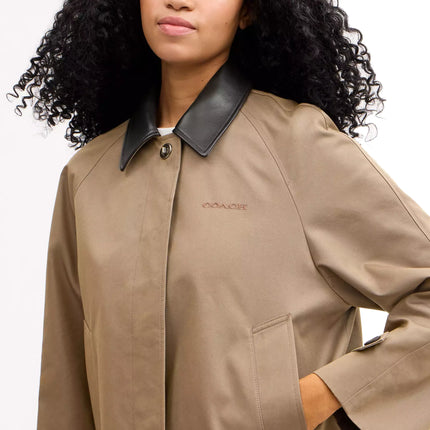 COACH Women's Swing Trench Coat With Leather Collar Mud