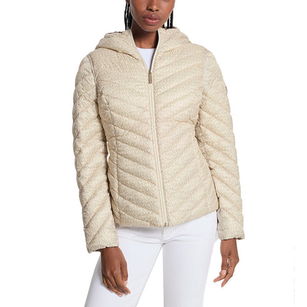 Michael Kors Women's Chevron Logo Print Quilted Nylon Reversible Jacket Taupe/Bone Logo