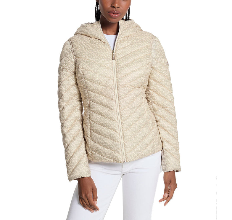 Michael Kors Women's Chevron Logo Print Quilted Nylon Reversible Jacket Taupe/Bone Logo
