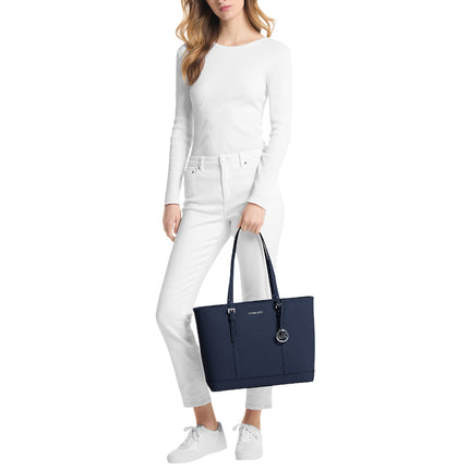 Michael Kors Women's Jet Set Travel Large Saffiano Leather Tote Bag Navy/Silver