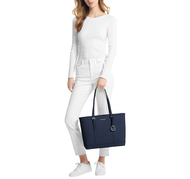 Michael Kors Women's Jet Set Travel Large Saffiano Leather Tote Bag Navy/Silver