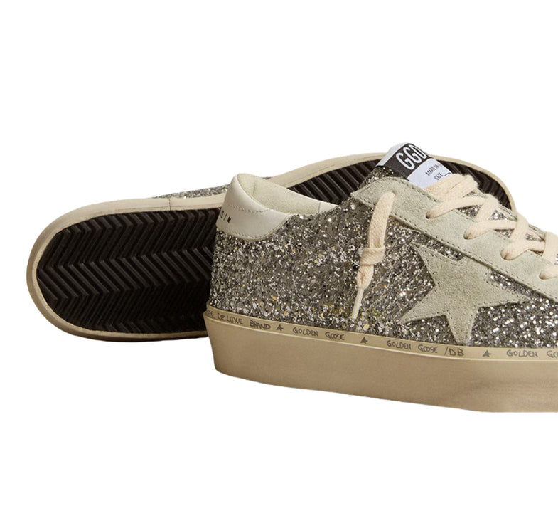 Golden Goose Women's Hi Star in Silver Glitter with Suede Star and white Heel Tab