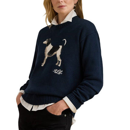 Polo Ralph Lauren Women's Intarsia-Knit Dog Cotton Sweater Lauren Navy