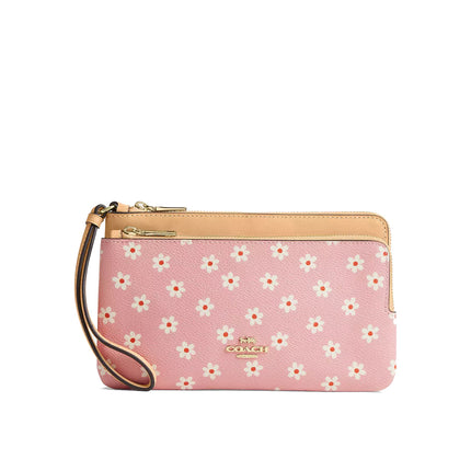 Coach Women's Double Zip Wristlet With Floral Print Gold/Pink Multi