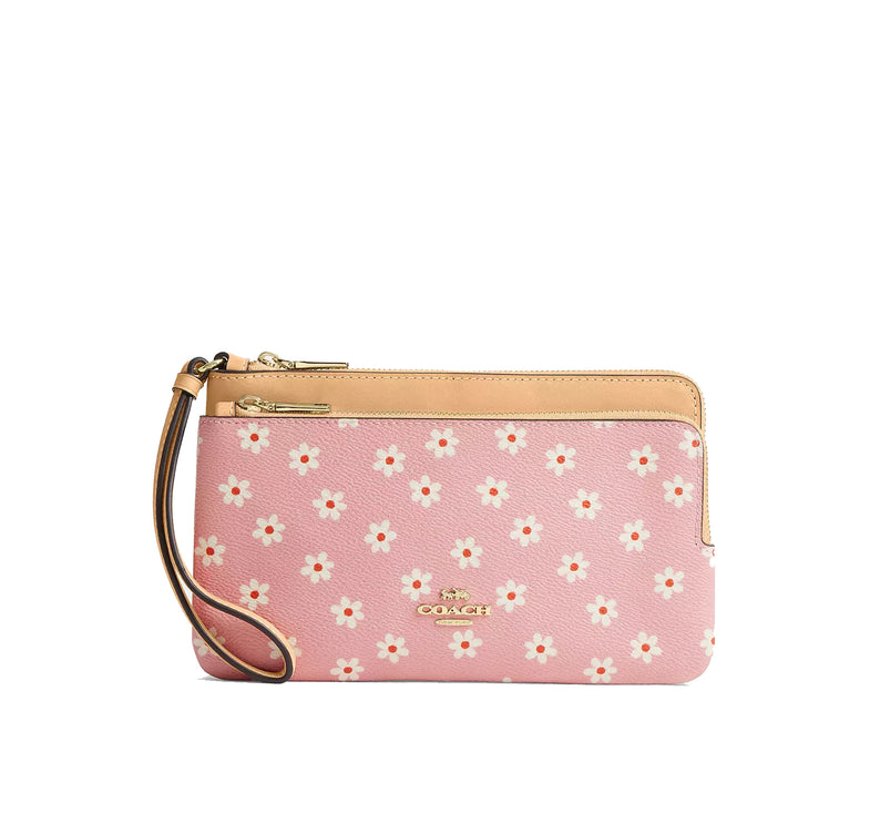 Coach Women's Double Zip Wristlet With Floral Print Gold/Pink Multi