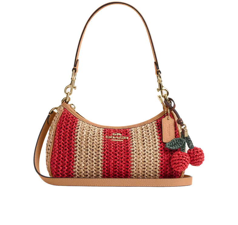 Coach Women's Teri Shoulder Bag With Stripes And Charm Gold/Red/Tan