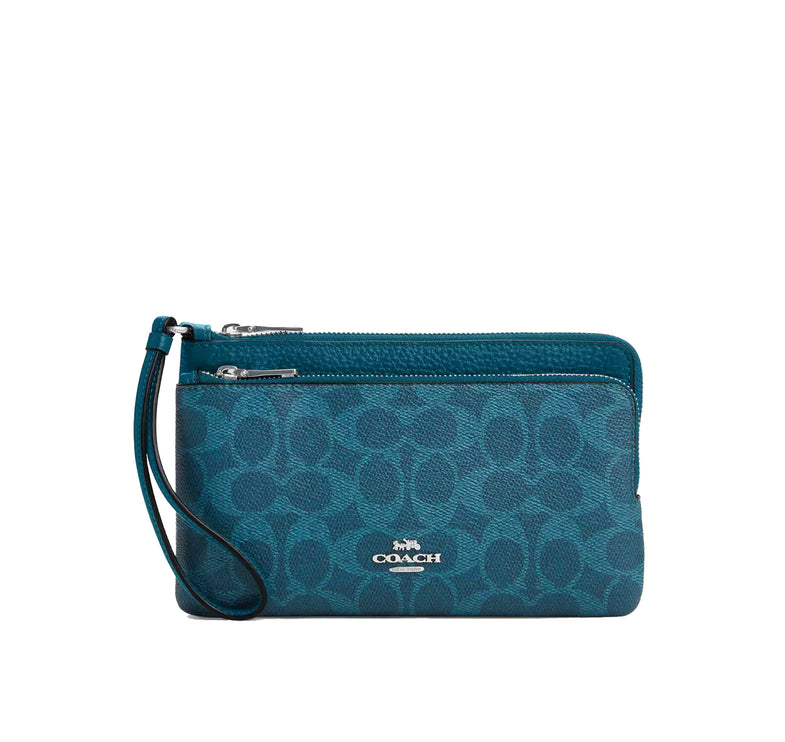 Coach Women's Double Zip Wallet In Signature Canvas Silver/Aquamarine