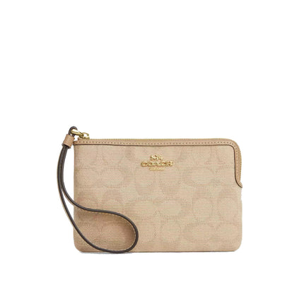 Coach Women's Corner Zip Wristlet With Signature Canvas Gold/Dark Natural Multi