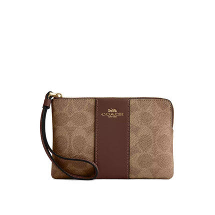 Coach Women's Corner Zip Wristlet In Signature Canvas With Stripe Gold/Tan/Brown
