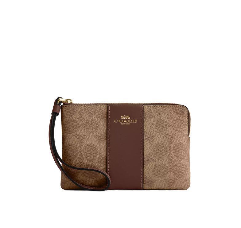 Coach Women's Corner Zip Wristlet In Signature Canvas With Stripe Gold/Tan/Brown
