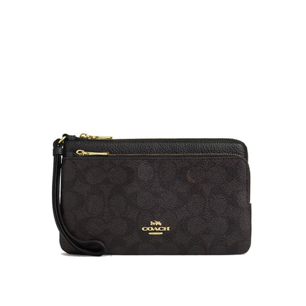 Coach Women's Double Zip Wallet In Signature Canvas Gold/Walnut/Black