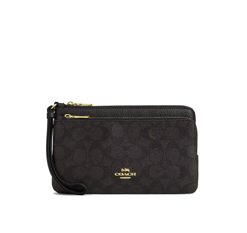 Coach Women's Double Zip Wallet In Signature Canvas Gold/Walnut/Black