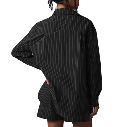 alo Women's Pinstripe Daylight Button Down Long Sleeve Black/Titanium