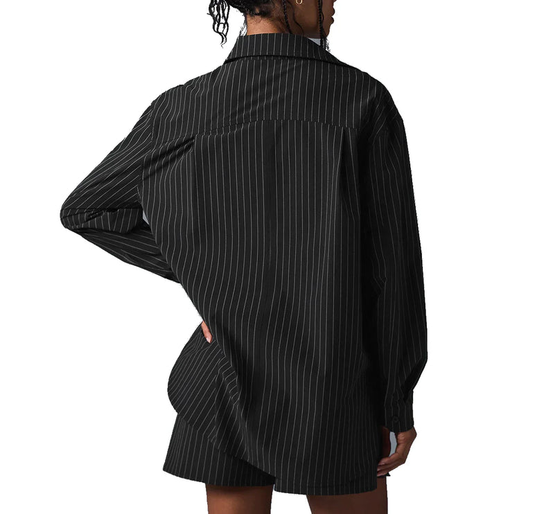 alo Women's Pinstripe Daylight Button Down Long Sleeve Black/Titanium