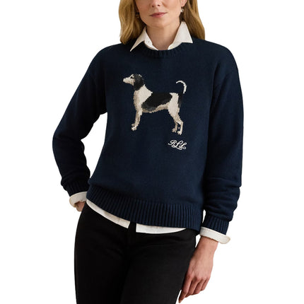 Polo Ralph Lauren Women's Intarsia-Knit Dog Cotton Sweater Lauren Navy