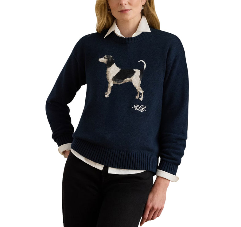 Polo Ralph Lauren Women's Intarsia-Knit Dog Cotton Sweater Lauren Navy